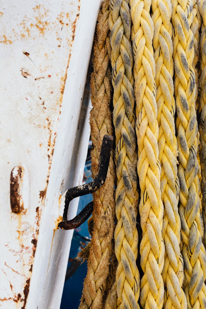 heros-img Close-up of yellow braided ropes on a rusty hook against a white dock surface.